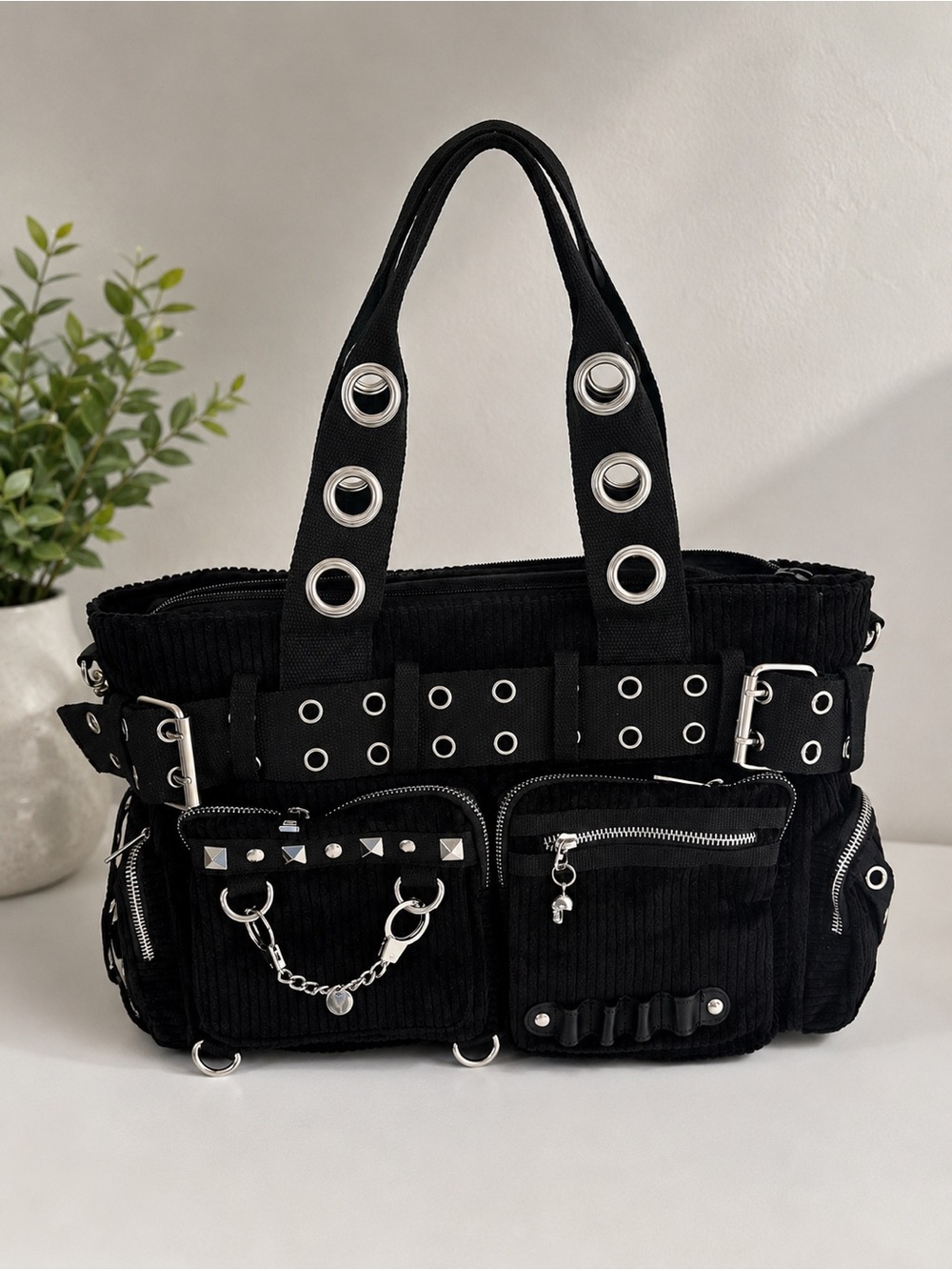 Edgy Goth Punk Black Handbag with Handcuff Skull Charm